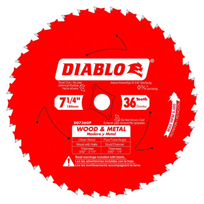 DIABLO 7‑1/4 in. x 36 Tooth Wood & Metal Carbide Saw Blade