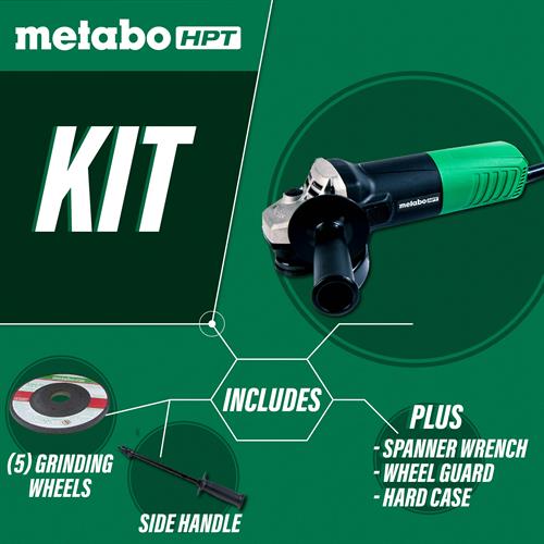 Metabo HPT - 4-1/2 Inch 6.2 Amp Slide Switch Angle Grinder Kit w/ 5 Abrasive Wheels - Model: G12SR4
