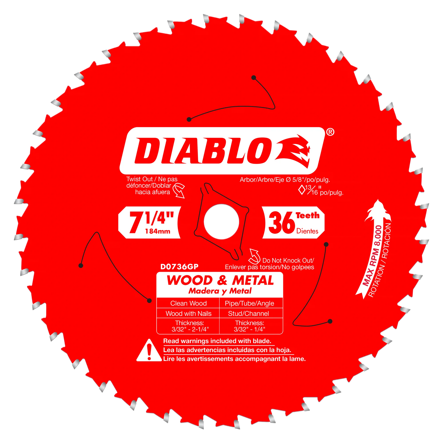 DIABLO 7‑1/4 in. x 36 Tooth Wood & Metal Carbide Saw Blade